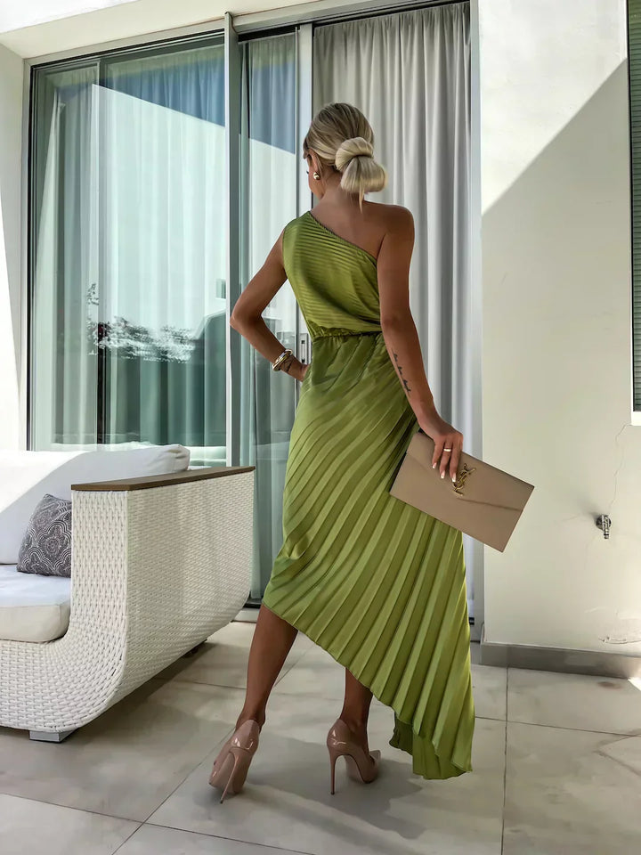 One-Shoulder Pleated Dress with Side Cut-Out and Floral Appliqué