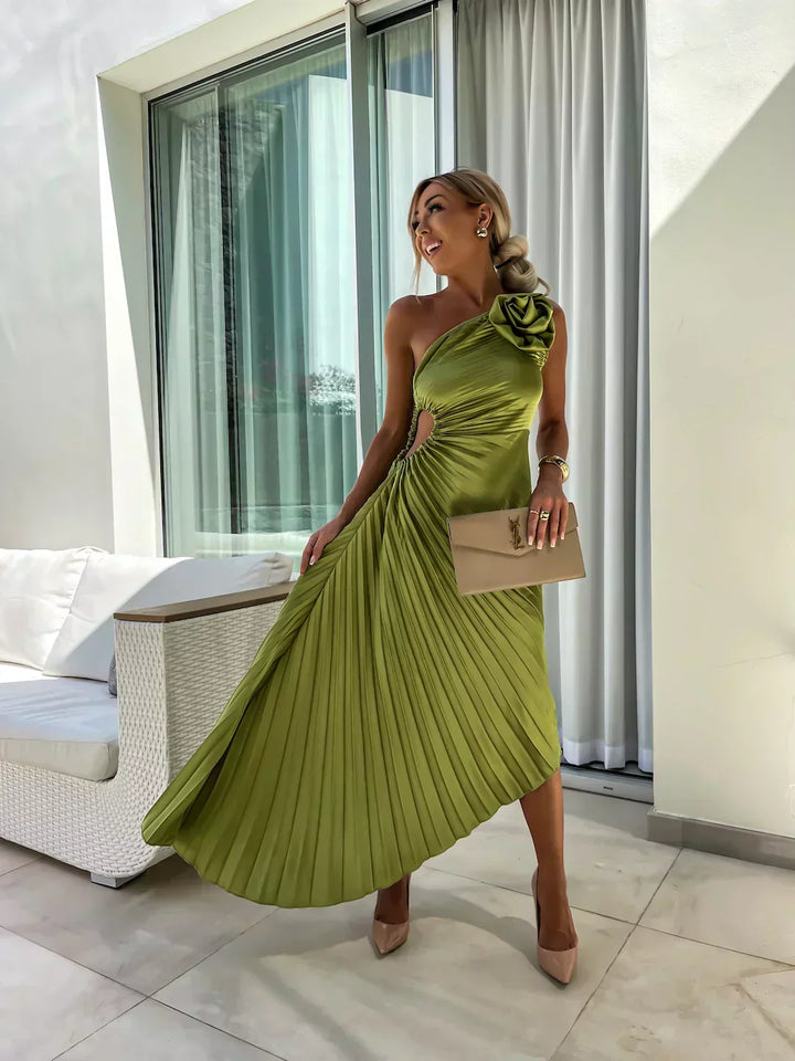One-Shoulder Pleated Dress with Side Cut-Out and Floral Appliqué