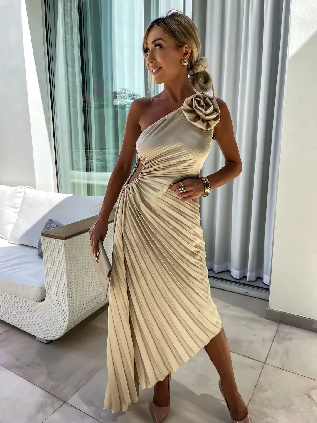One-Shoulder Pleated Dress with Side Cut-Out and Floral Appliqué