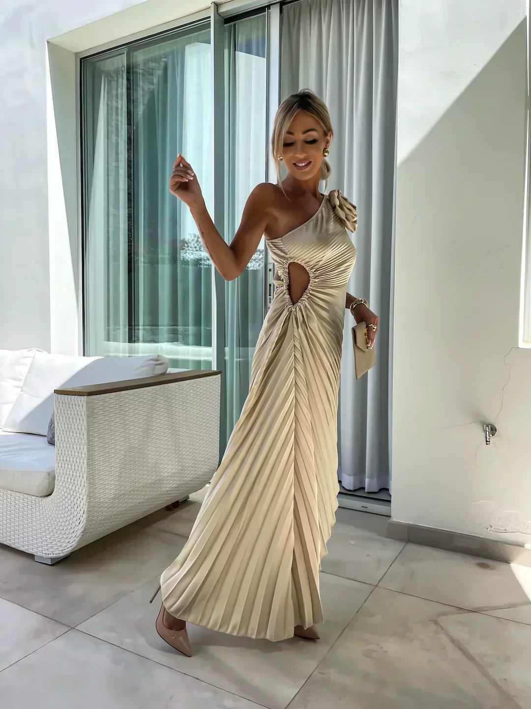One-Shoulder Pleated Dress with Side Cut-Out and Floral Appliqué
