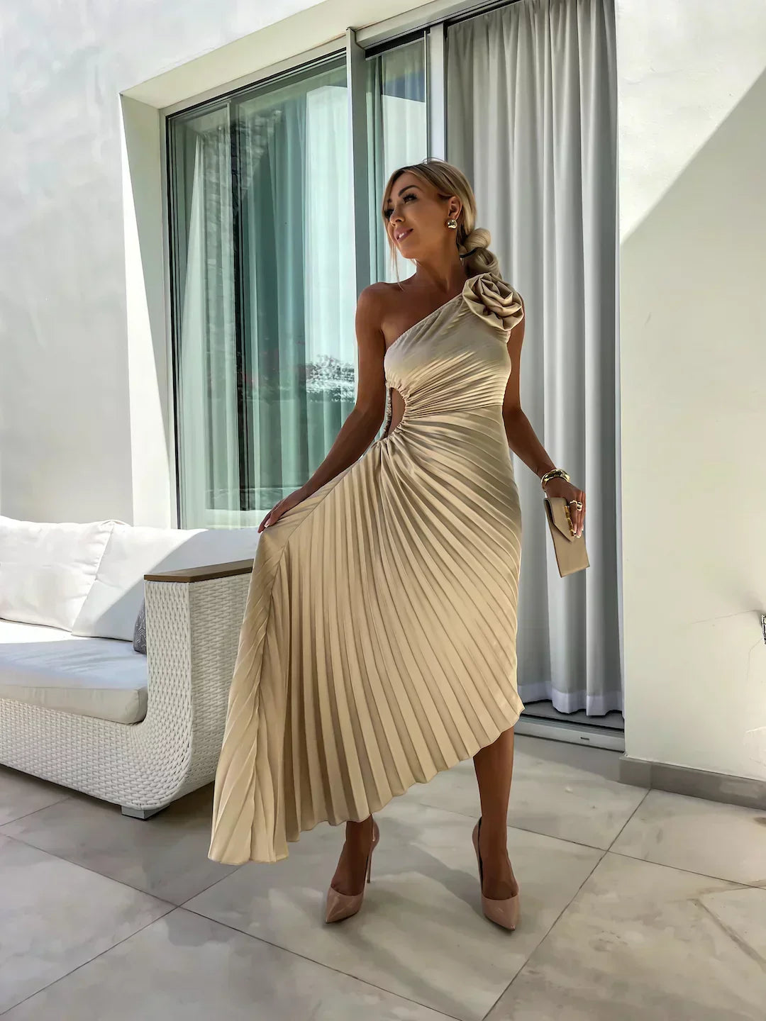 One-Shoulder Pleated Dress with Side Cut-Out and Floral Appliqué