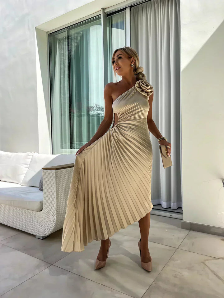 One-Shoulder Pleated Dress with Side Cut-Out and Floral Appliqué