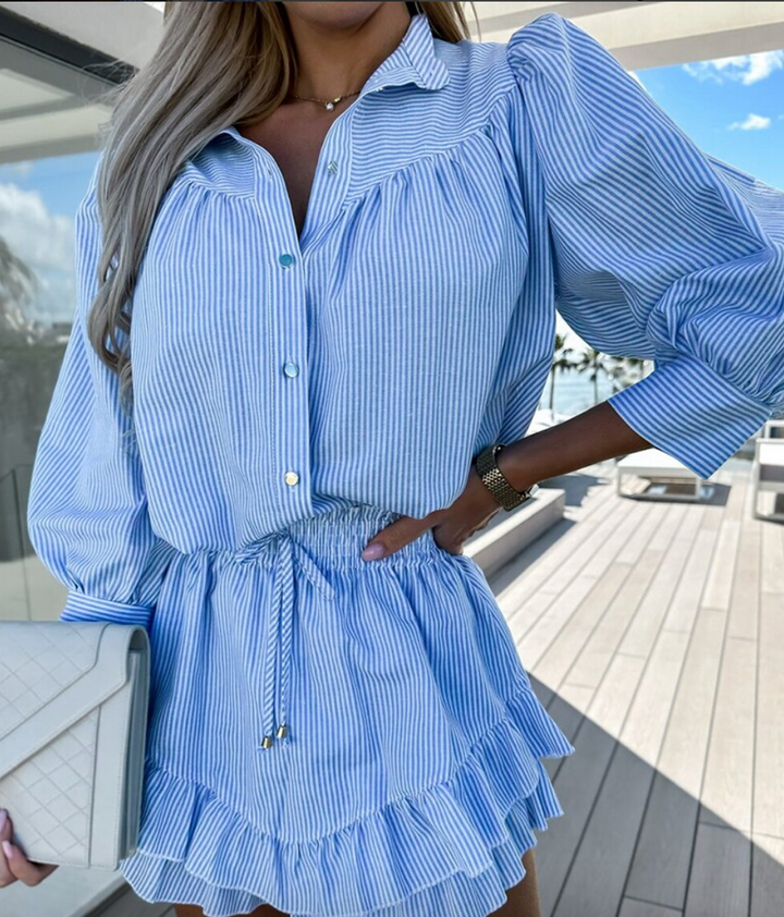 Two-Piece Set with Button-Front Shirt and Elasticated Waist Skort