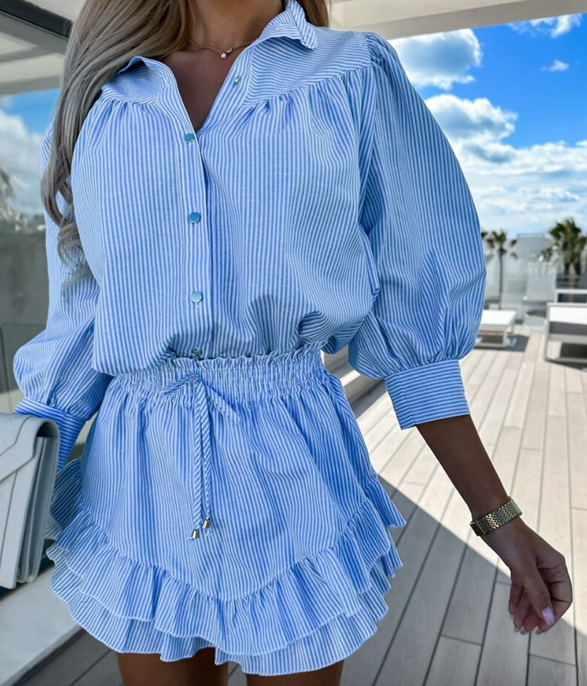 Two-Piece Set with Button-Front Shirt and Elasticated Waist Skort