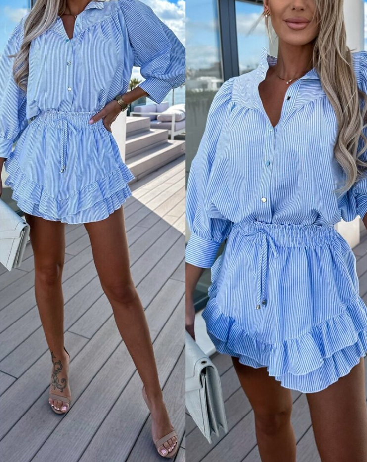 Two-Piece Set with Button-Front Shirt and Elasticated Waist Skort