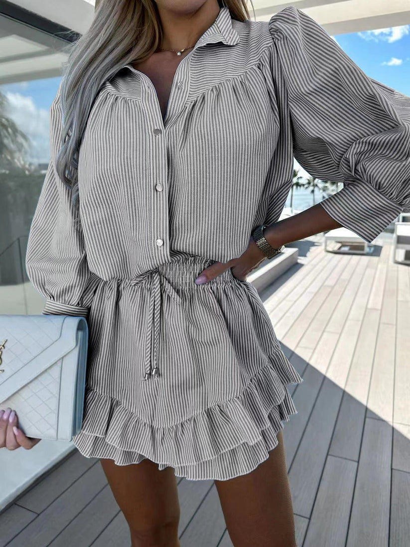 Two-Piece Set with Button-Front Shirt and Elasticated Waist Skort