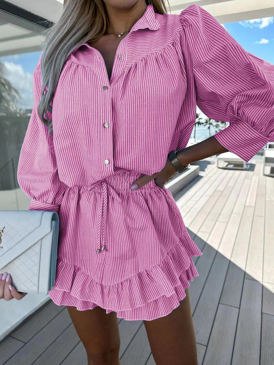 Two-Piece Set with Button-Front Shirt and Elasticated Waist Skort