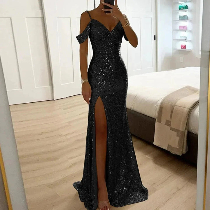 Sequin Maxi Dress with Off-Shoulder Detail and High Leg Slit