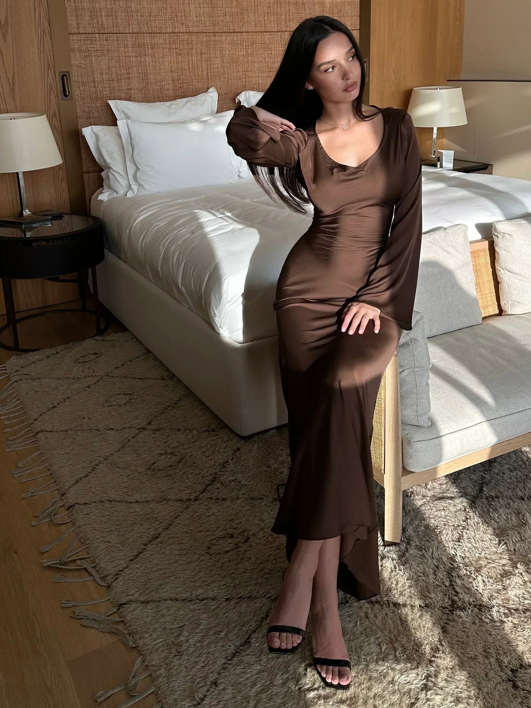 Long Sleeve Maxi Dress with Scoop Neck and Bell Cuffs