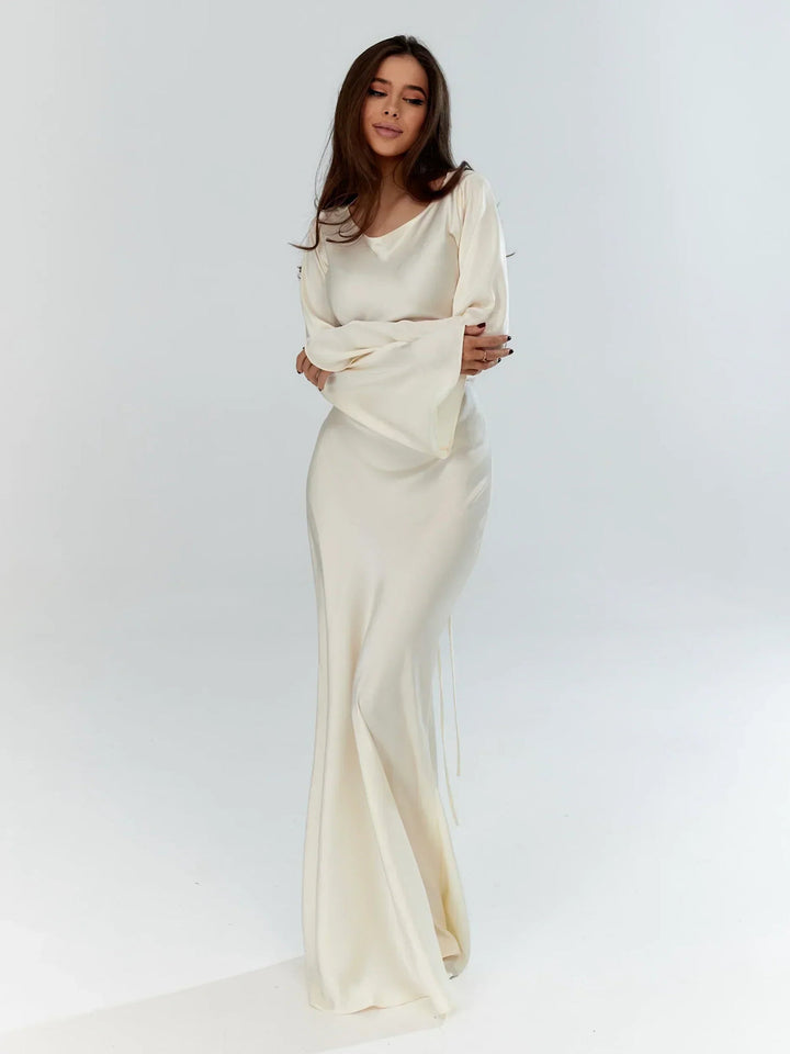 Long Sleeve Maxi Dress with Scoop Neck and Bell Cuffs