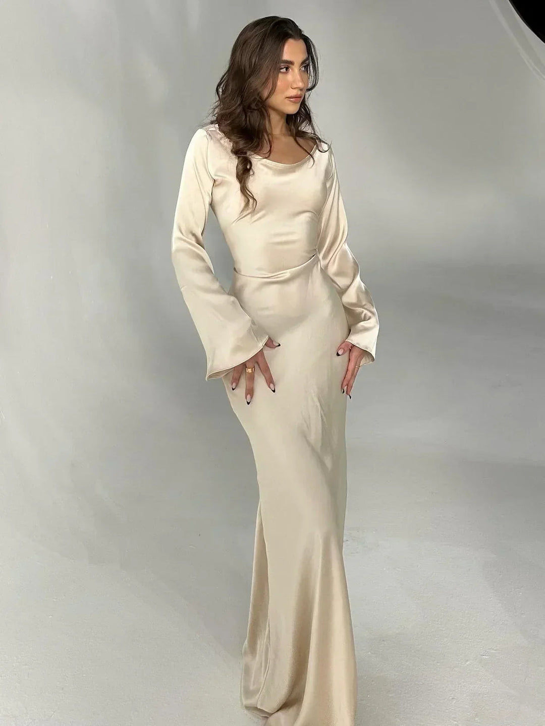 Long Sleeve Maxi Dress with Scoop Neck and Bell Cuffs