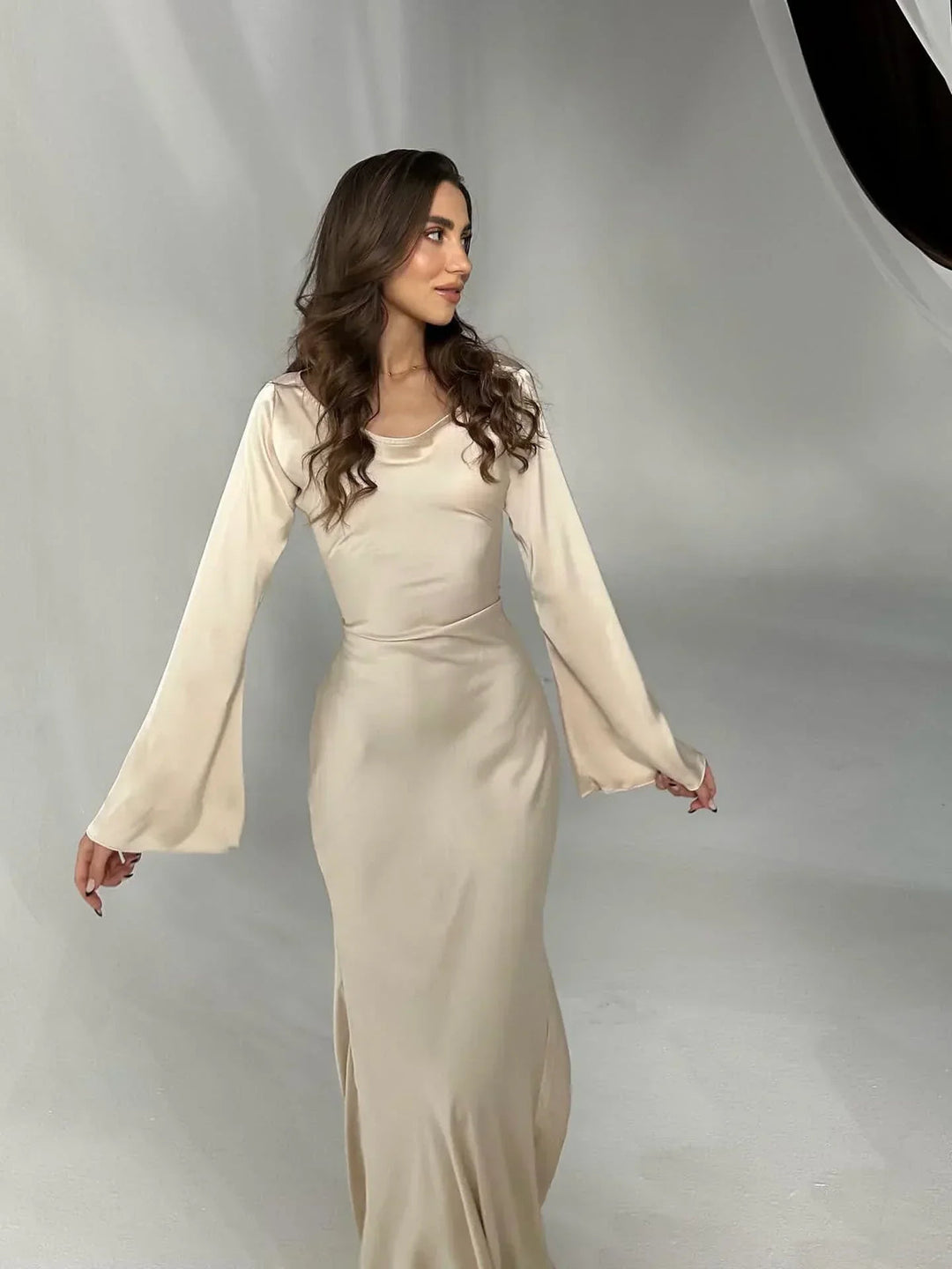 Long Sleeve Maxi Dress with Scoop Neck and Bell Cuffs