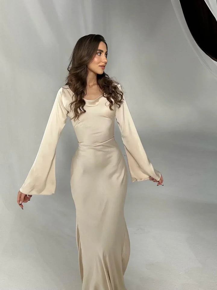 Long Sleeve Maxi Dress with Scoop Neck and Bell Cuffs