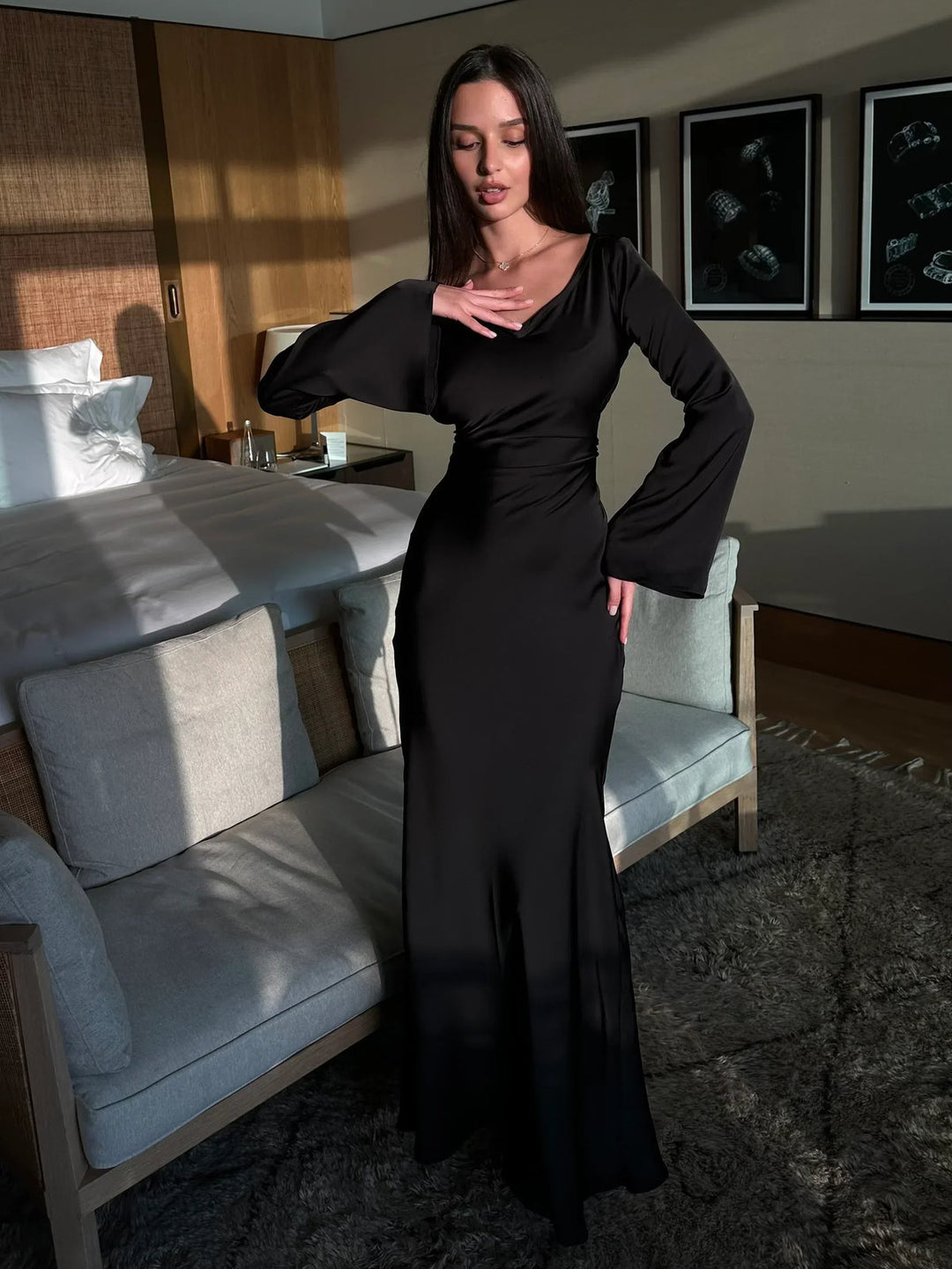 Long Sleeve Maxi Dress with Scoop Neck and Bell Cuffs