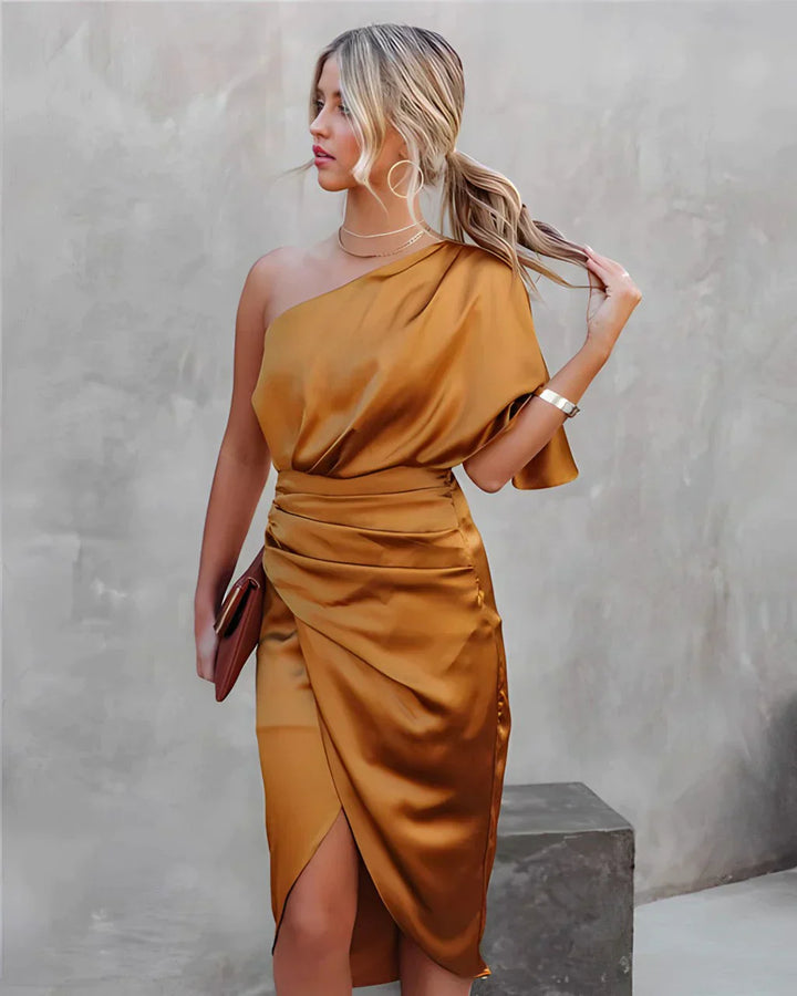 One Shoulder Midi Dress with Draped Bodice and Asymmetrical Hem