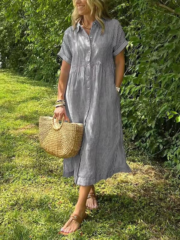 Striped Midi Shirtdress with Point Collar and Short Sleeves