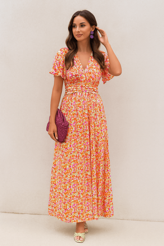 Maxi Dress with V-Neckline, Ruffle Cap Sleeves, and Shirred Waist