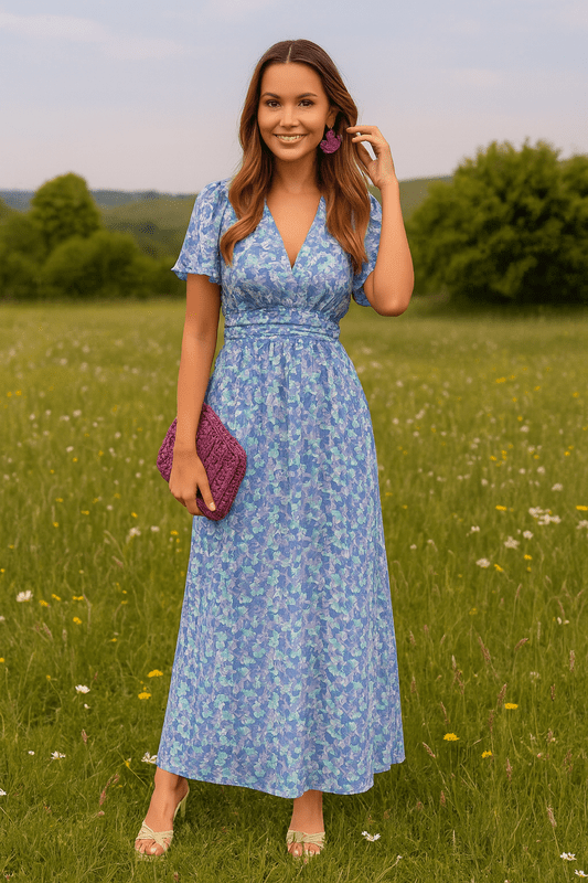 Maxi Dress with V-Neckline, Ruffle Cap Sleeves, and Shirred Waist