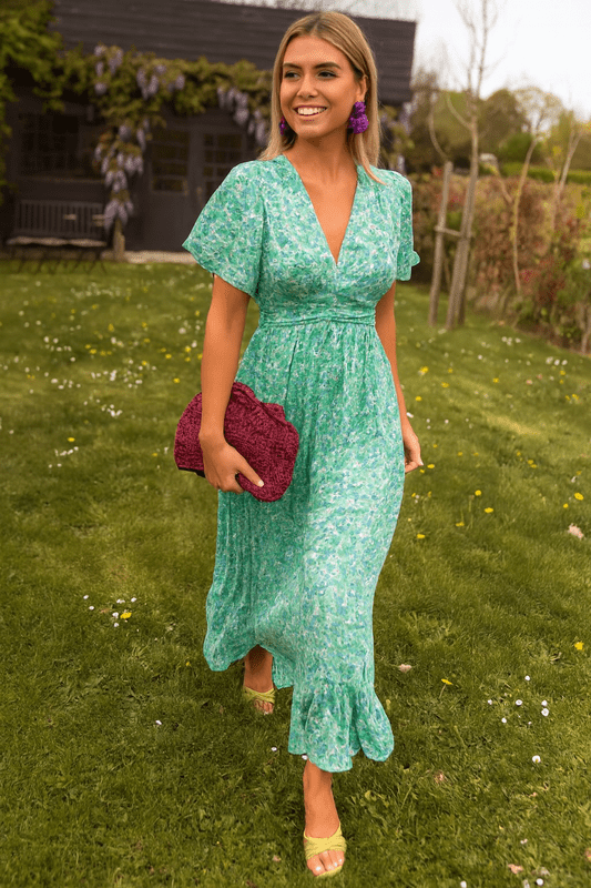 Maxi Dress with V-Neckline, Ruffle Cap Sleeves, and Shirred Waist