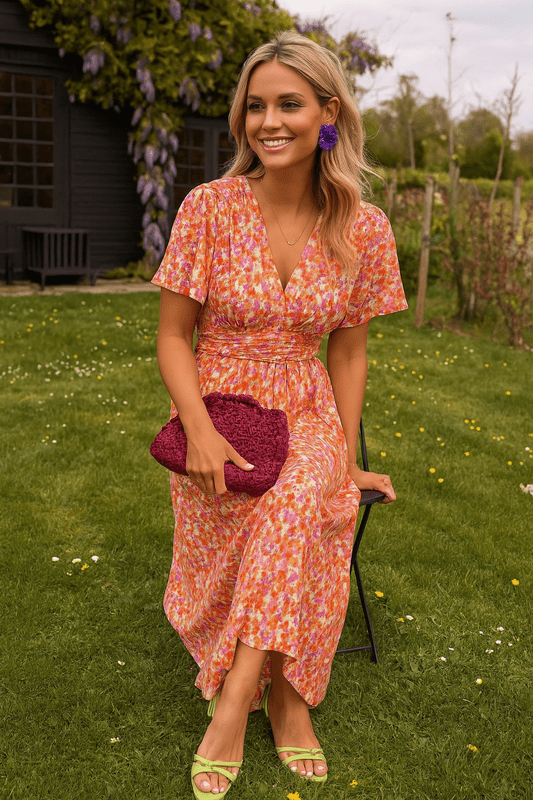 Maxi Dress with V-Neckline, Ruffle Cap Sleeves, and Shirred Waist