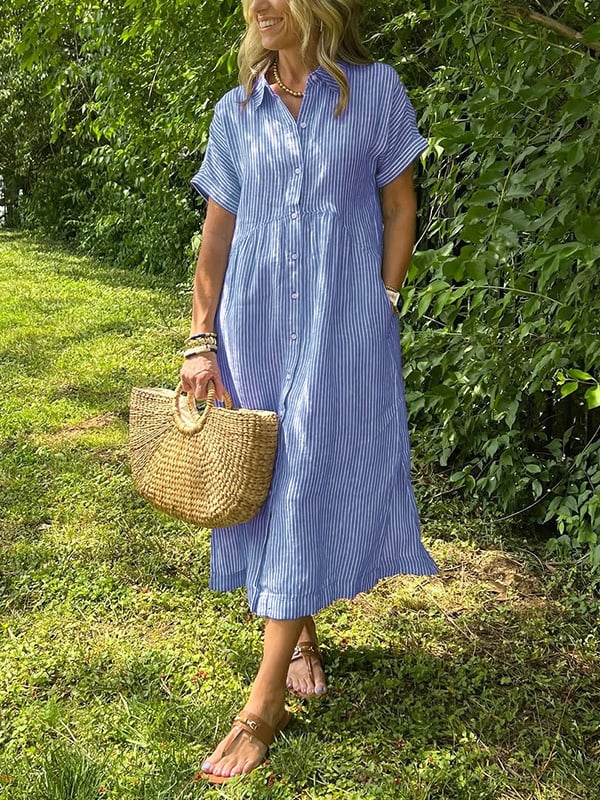 Striped Midi Shirtdress with Point Collar and Short Sleeves