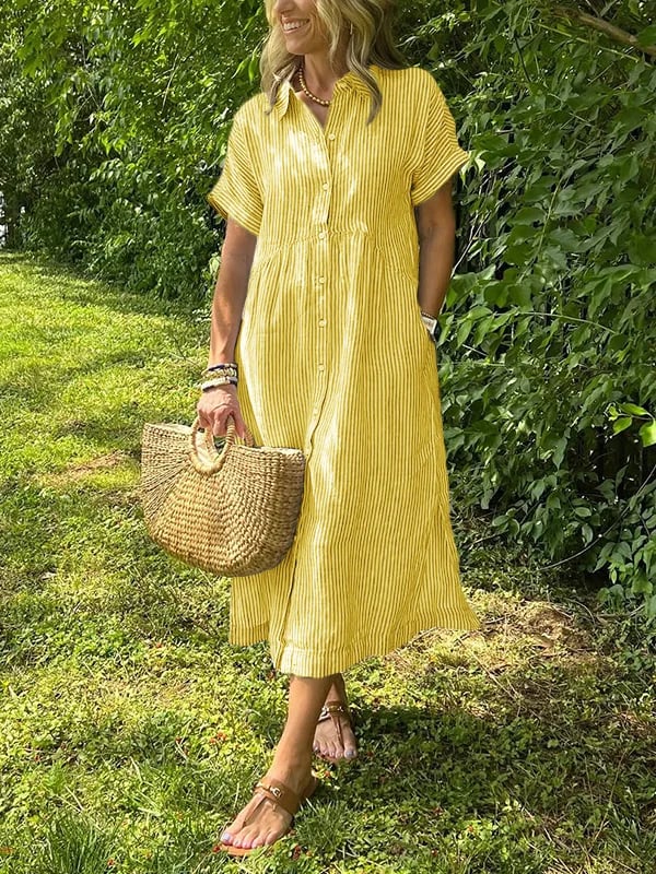 Striped Midi Shirtdress with Point Collar and Short Sleeves