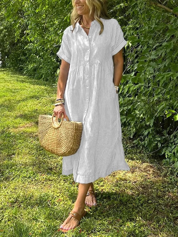 Striped Midi Shirtdress with Point Collar and Short Sleeves