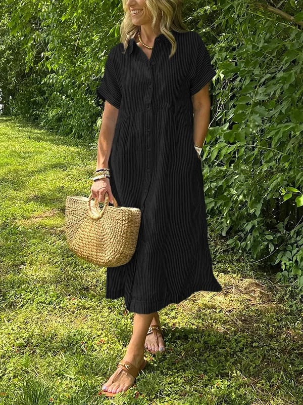 Striped Midi Shirtdress with Point Collar and Short Sleeves