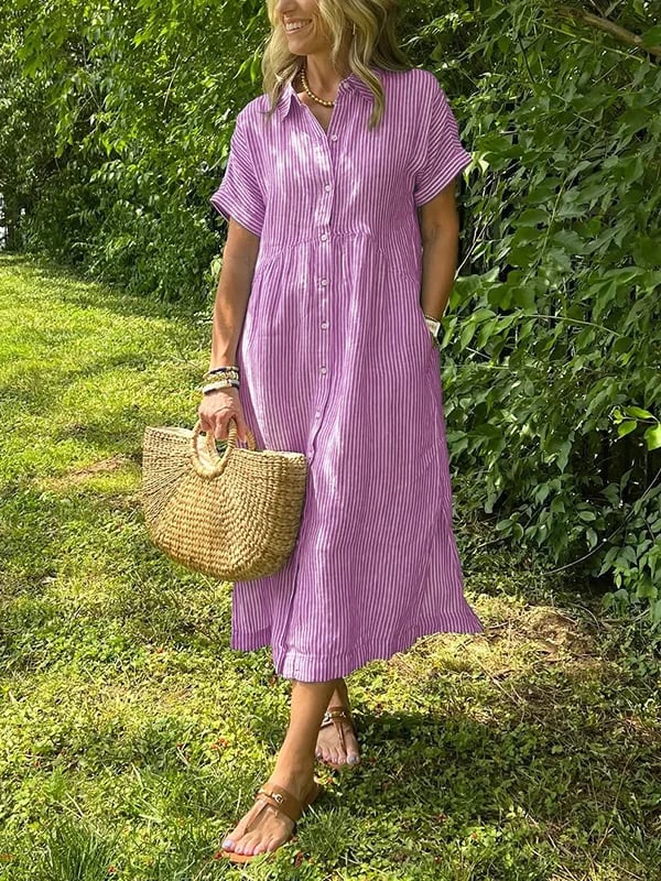 Striped Midi Shirtdress with Point Collar and Short Sleeves