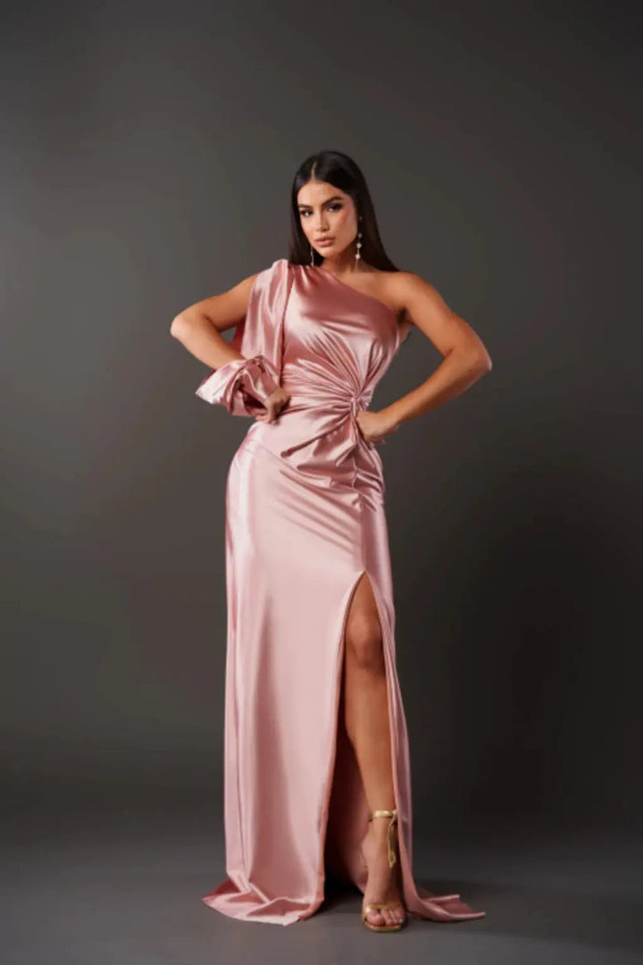 One-Shoulder Maxi Dress with Draped Sleeve and Front Slit