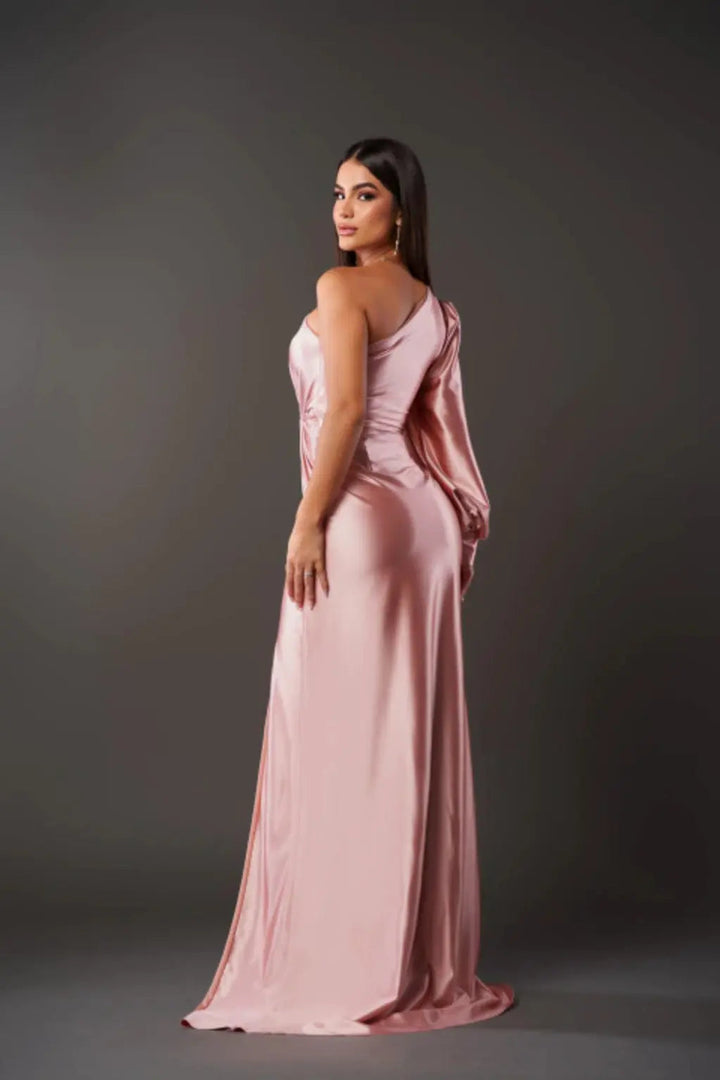 One-Shoulder Maxi Dress with Draped Sleeve and Front Slit