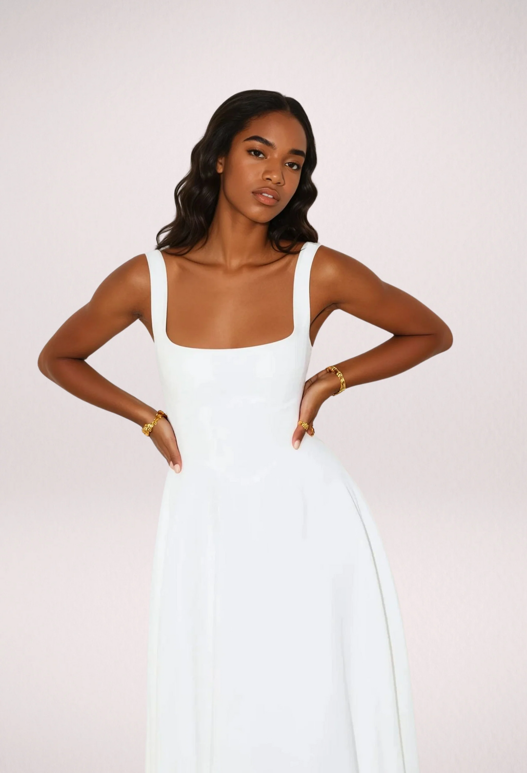 Square Neckline Midi Dress with Wide Straps and Full Skirt