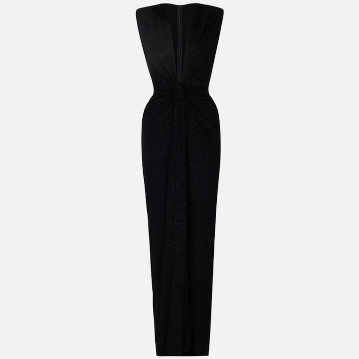 Sleeveless Maxi Dress with Deep V-Neck and Front Knot Detail