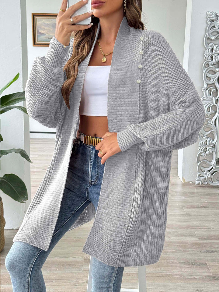 Longline Open Front Cardigan with Faux Pearl Details and Ribbed Cuffs