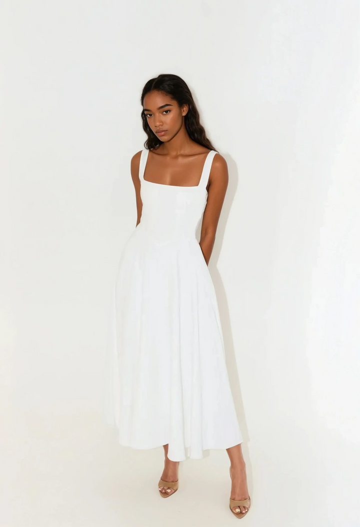 Square Neckline Midi Dress with Wide Straps and Full Skirt