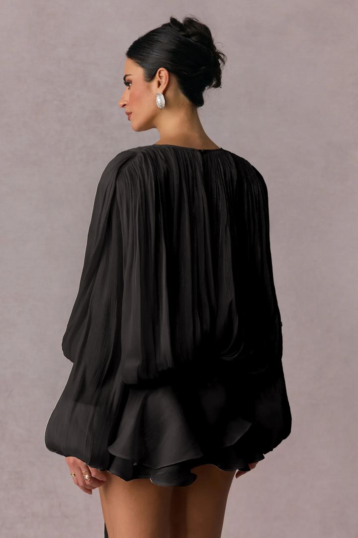 Pleated Long Sleeve Blouse with Tie-Neck Closure and Peplum Hem