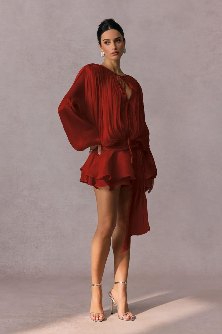 Pleated Long Sleeve Blouse with Tie-Neck Closure and Peplum Hem