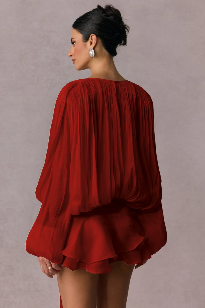 Pleated Long Sleeve Blouse with Tie-Neck Closure and Peplum Hem