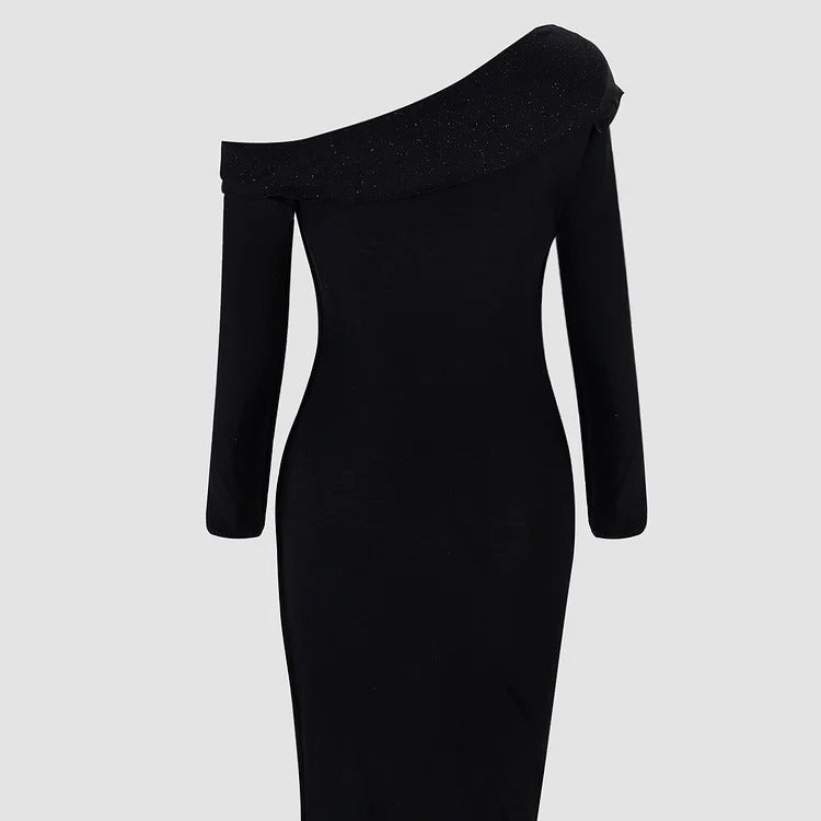 Long Sleeve One-Shoulder Maxi Dress with Ruched Side Detail