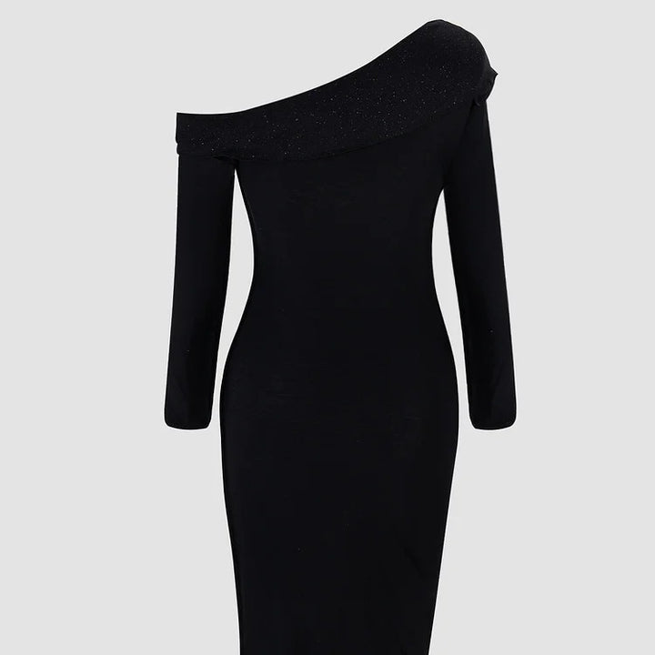 Long Sleeve One-Shoulder Maxi Dress with Ruched Side Detail