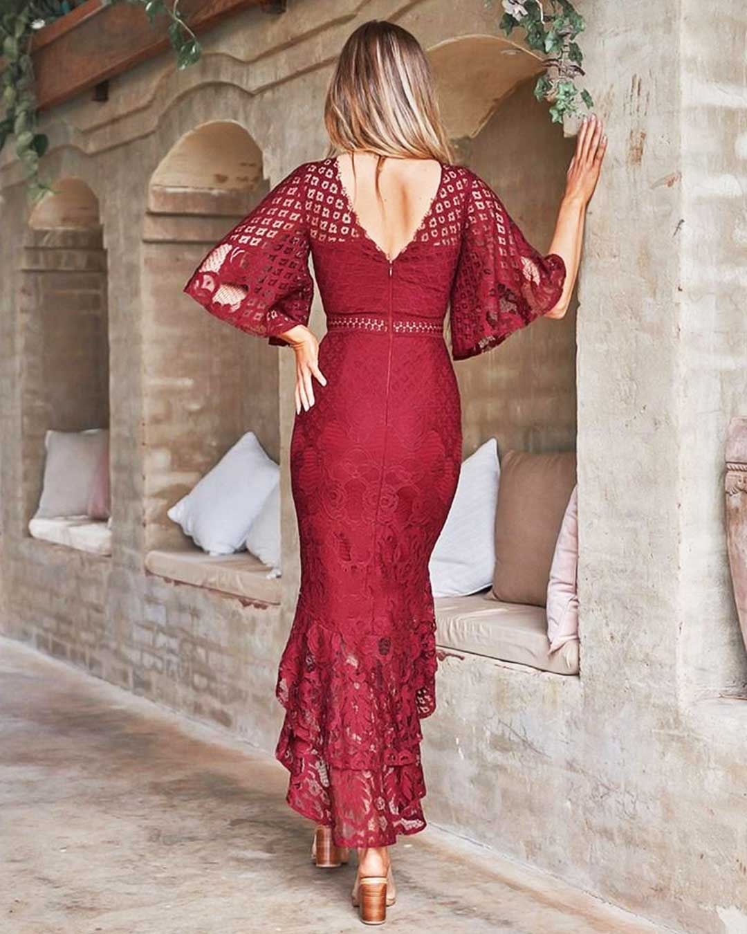 Lace Trumpet Dress with Sheer Neckline and Bell Sleeves
