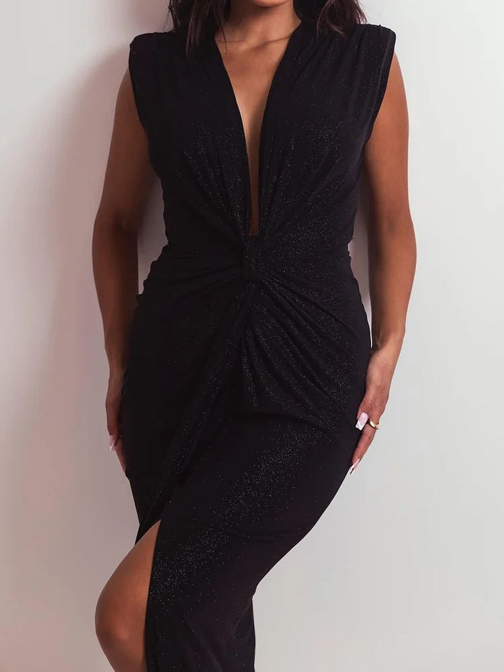 Sleeveless Maxi Dress with Deep V-Neck and Front Knot Detail