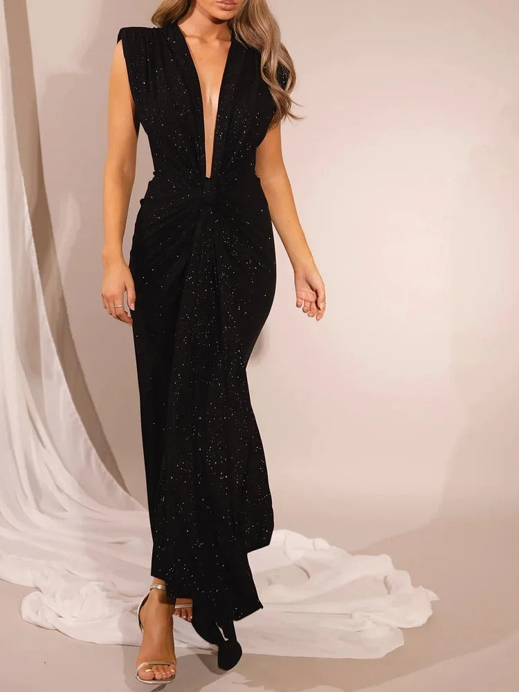 Sleeveless Maxi Dress with Deep V-Neck and Front Knot Detail