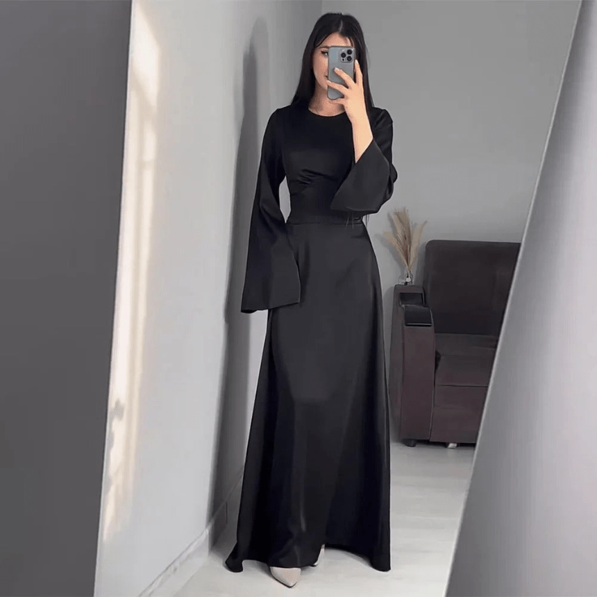 Crew Neck Maxi Dress with A-Line Skirt and Bell Sleeves