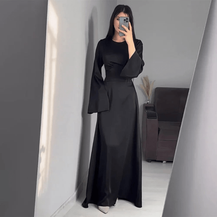 Crew Neck Maxi Dress with A-Line Skirt and Bell Sleeves
