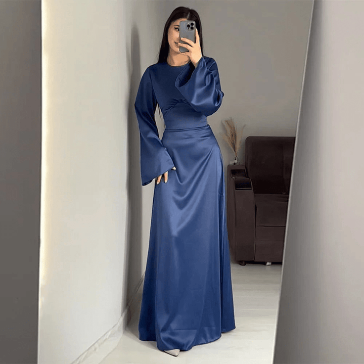 Crew Neck Maxi Dress with A-Line Skirt and Bell Sleeves