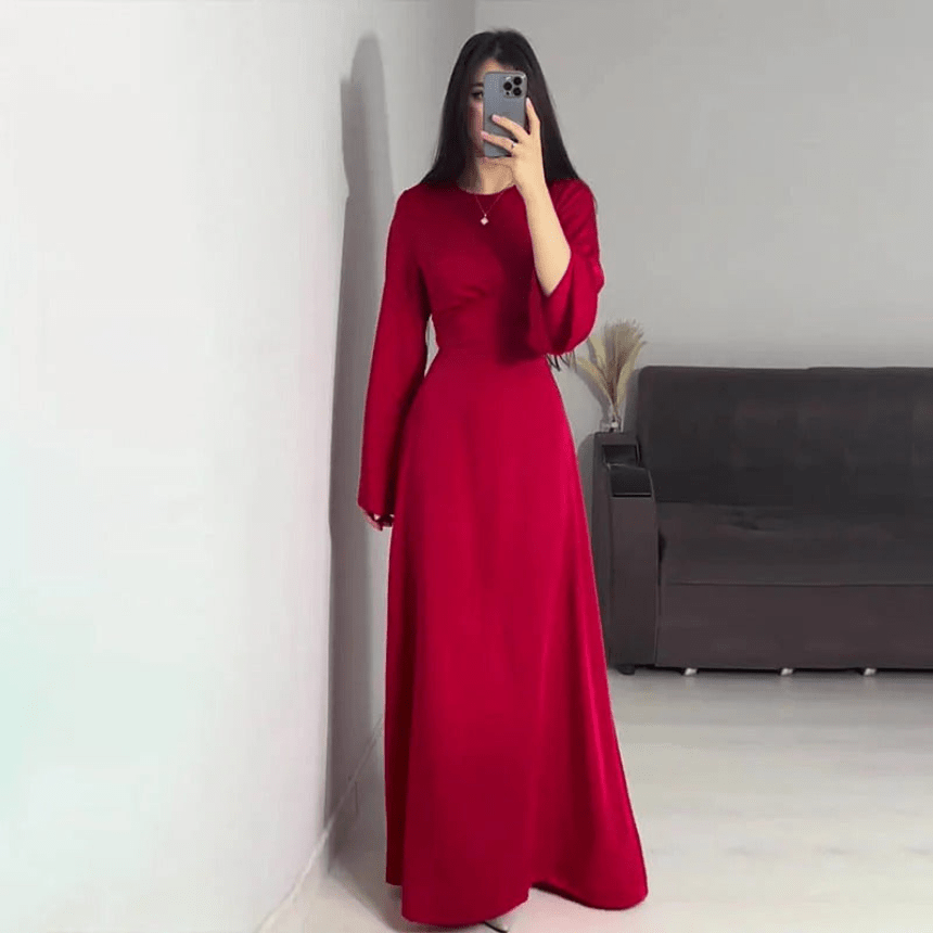 Crew Neck Maxi Dress with A-Line Skirt and Bell Sleeves