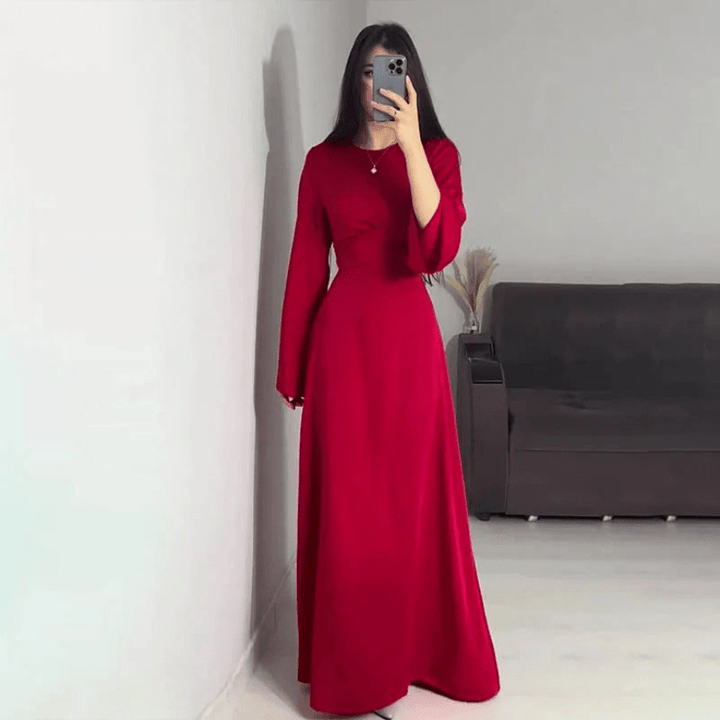 Crew Neck Maxi Dress with A-Line Skirt and Bell Sleeves