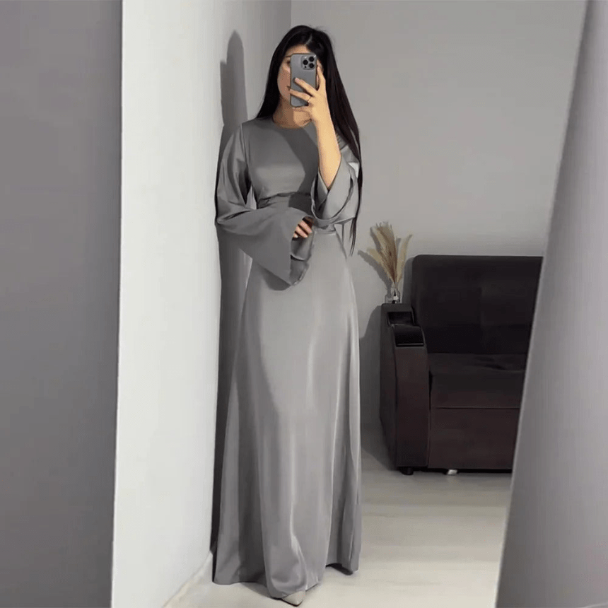 Crew Neck Maxi Dress with A-Line Skirt and Bell Sleeves