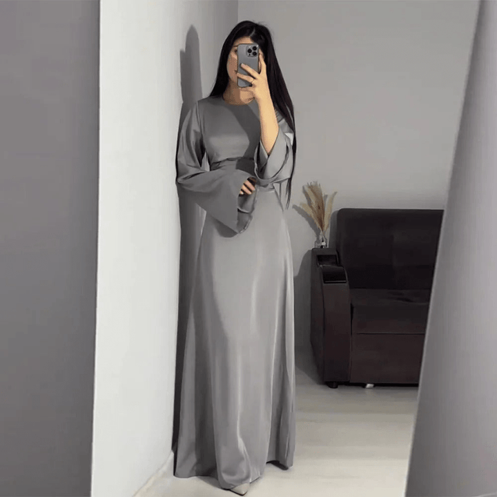 Crew Neck Maxi Dress with A-Line Skirt and Bell Sleeves